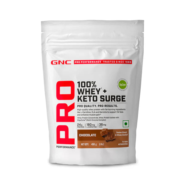 GNC Pro Performance 100% Whey + Keto Surge protein powder package on a white background
