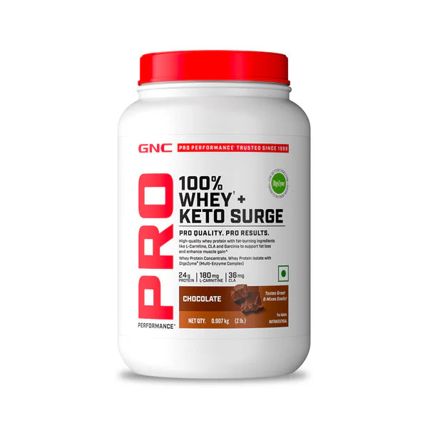GNC Pro Performance 100% Whey + Keto Surge protein powder container on a white background
