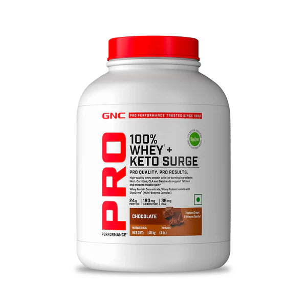 GNC Pro Performance 100% Whey + Keto Surge protein powder container on a white background
