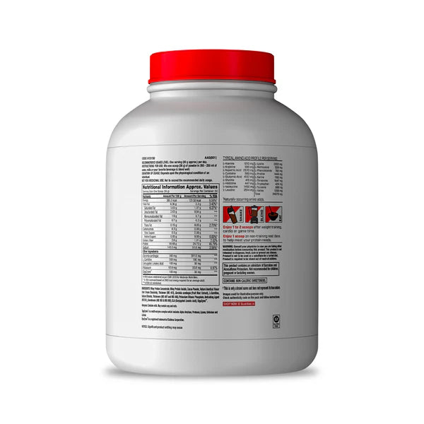 White supplement container with red lid on a white background