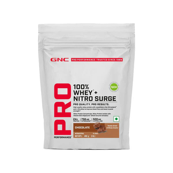 GNC Pro Performance 100% Whey + Nitro Surge protein powder package on a white background