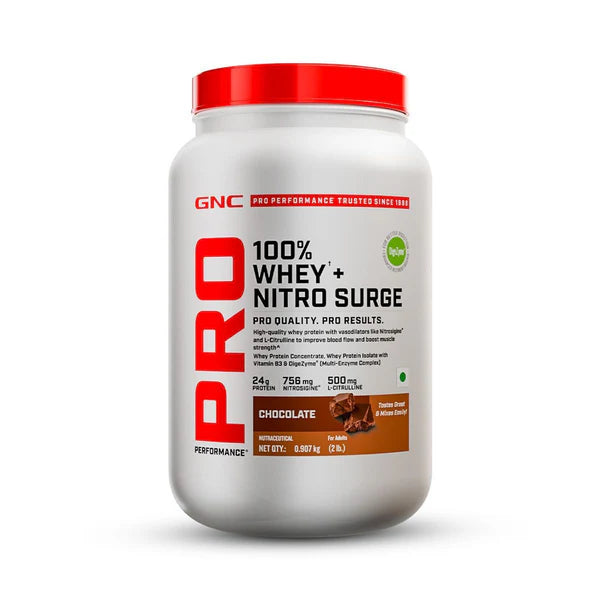 GNC Pro Performance 100% Whey + Nitro Surge protein powder container on a white background