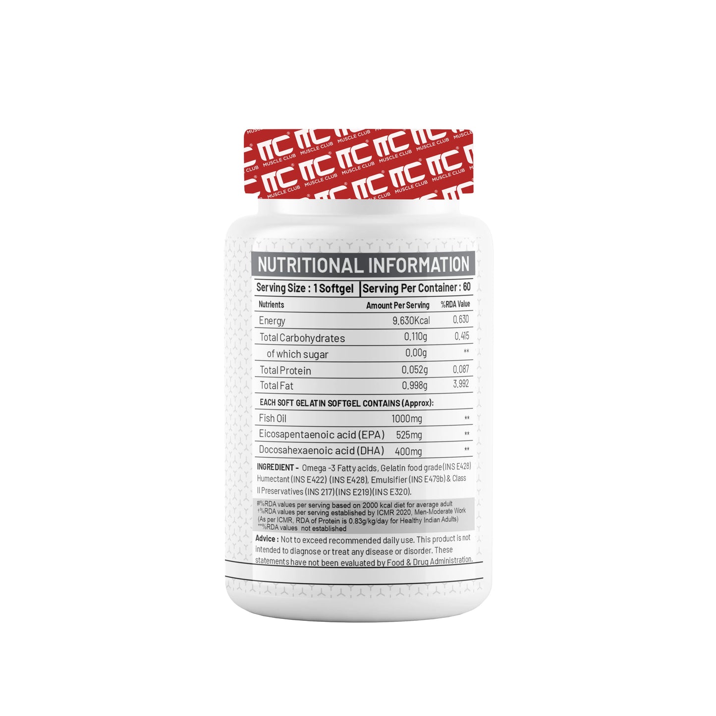 Muscle Club Omega-3 60 Softgels Capsules with Vitamin E 1250mg