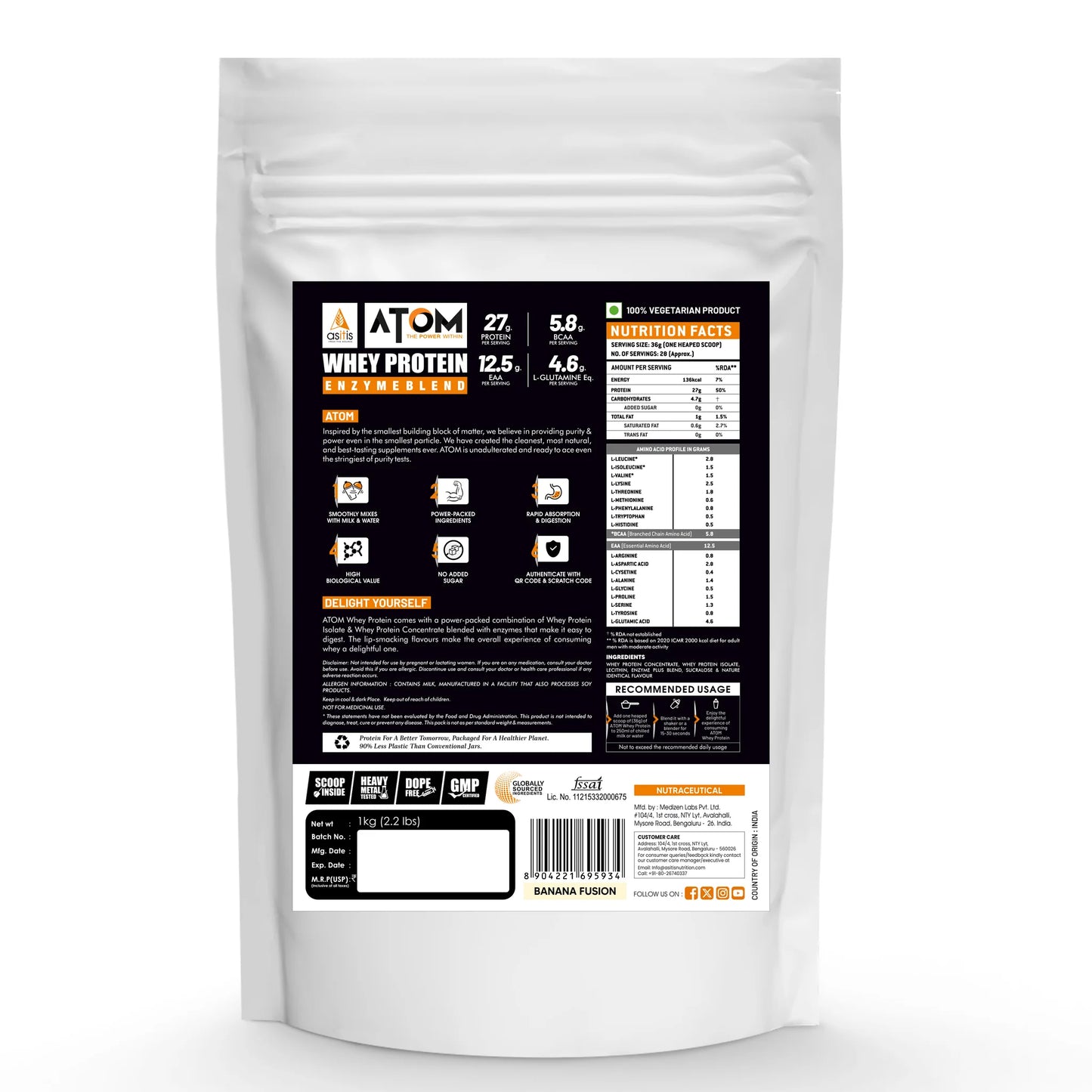 Protein powder package with a detailed label on a white background