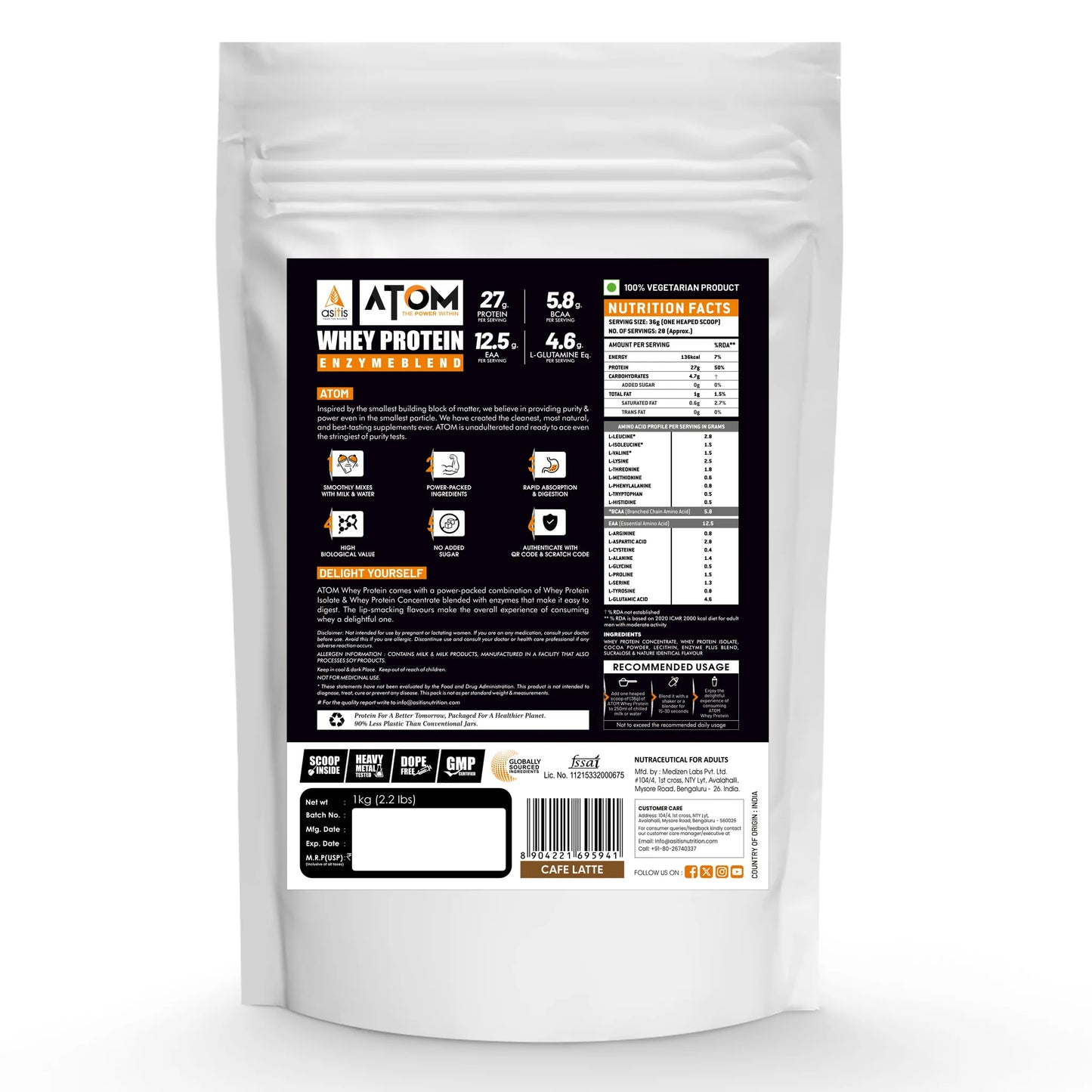 White protein powder package with a black label on a white background