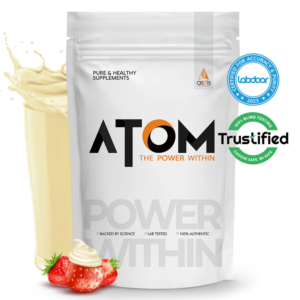 ATOM supplement package with strawberries and a Labdoor certification badge on a white background