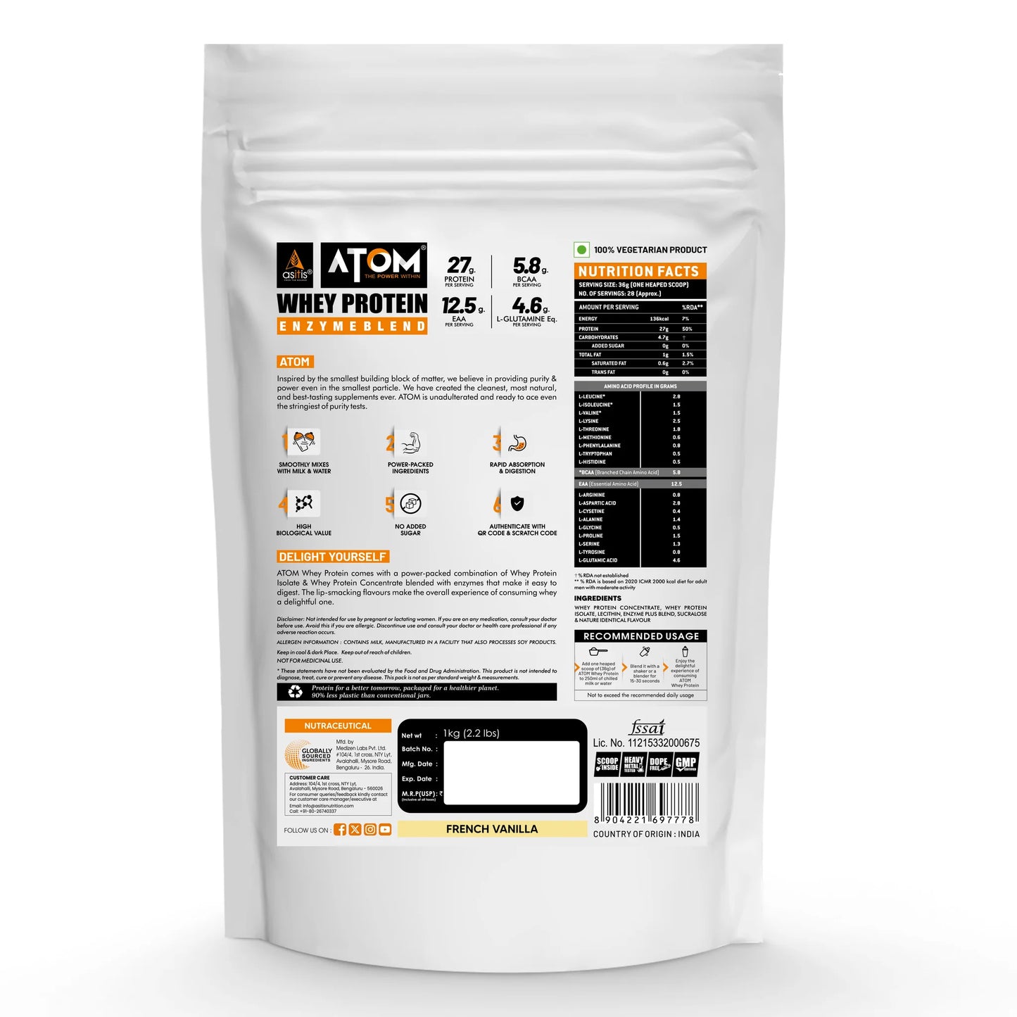 Atom Whey Protein package with nutritional information on a white background