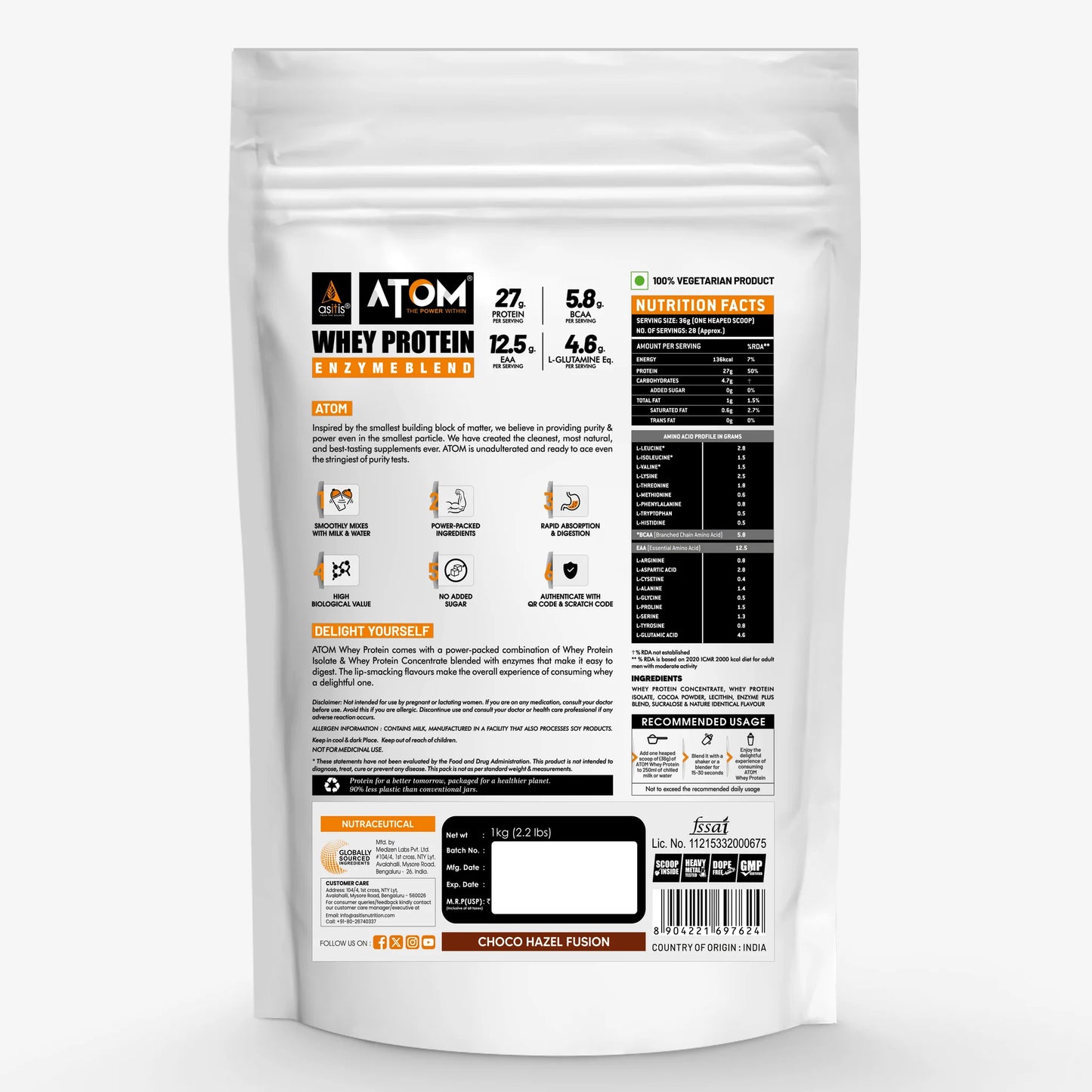 Atom whey protein package with nutritional information on a white background