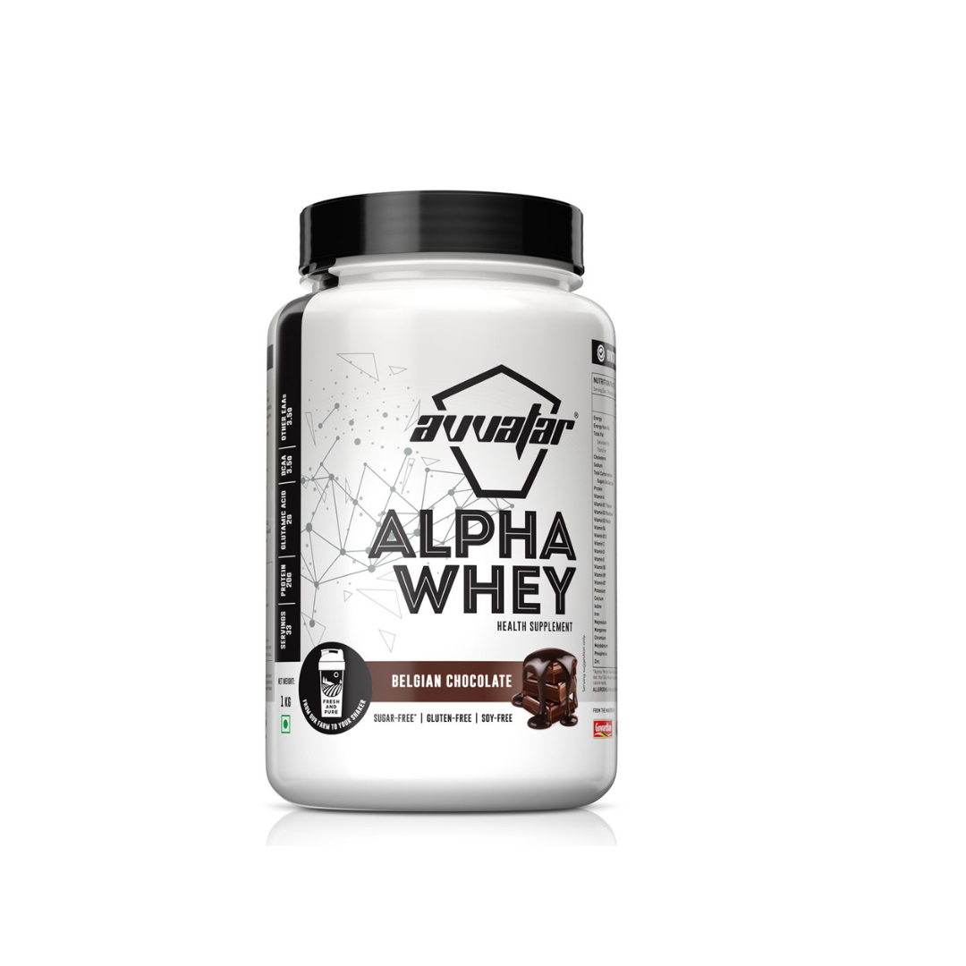 Alpha Whey supplement container with Avvaar branding on a white background
