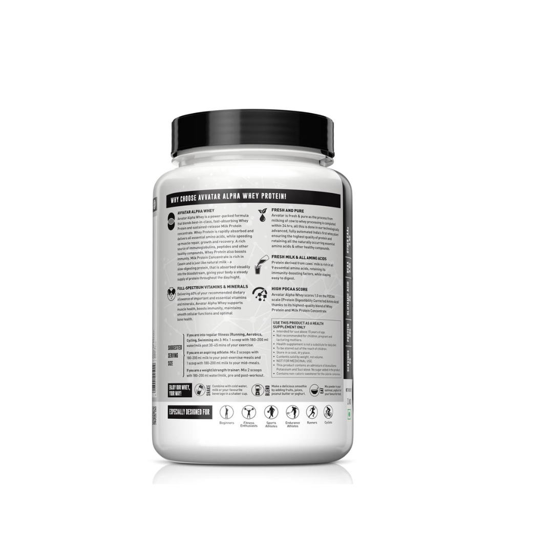 White protein powder container with black lid on a white background