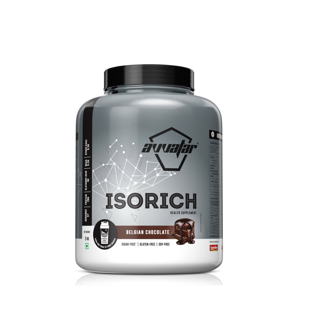 Gray supplement container with black lid labeled 'Isorich' on a white background