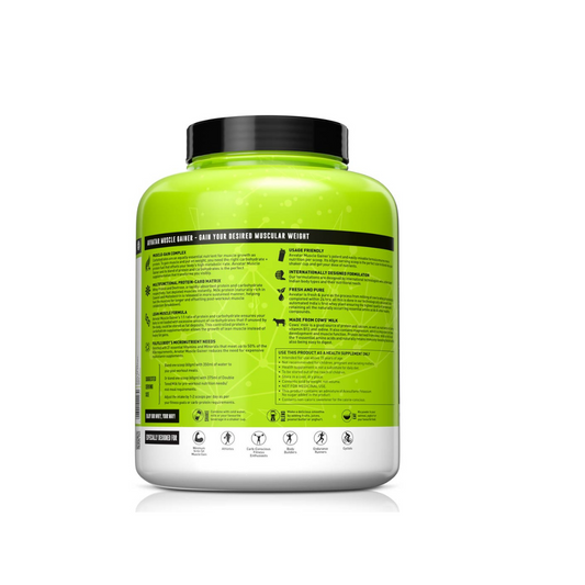 Green protein supplement container with black lid on a white background