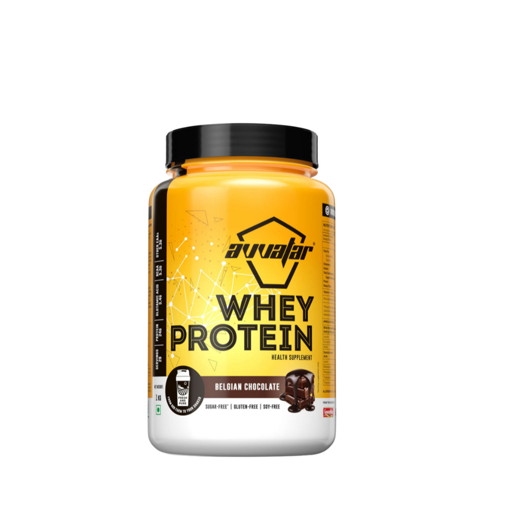 Yellow protein supplement jar with black lid on a white background