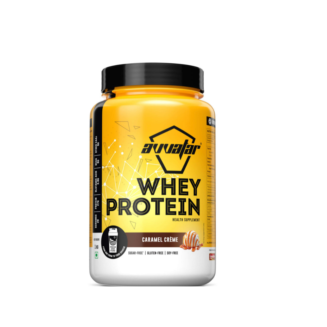 Yellow protein supplement container with black lid on a white background