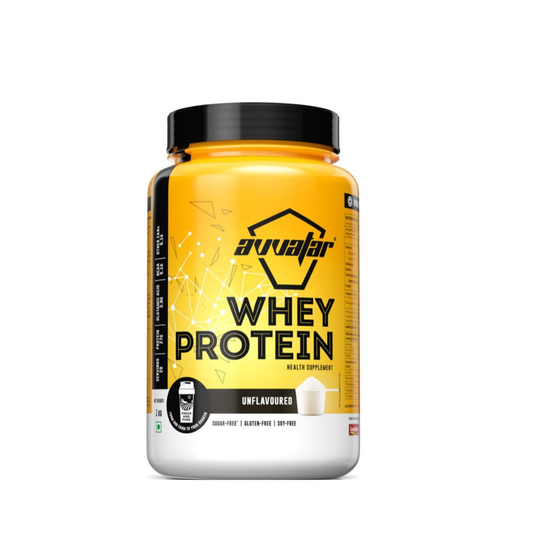 Yellow and black protein supplement bottle with 'Avvaar' branding on a white background