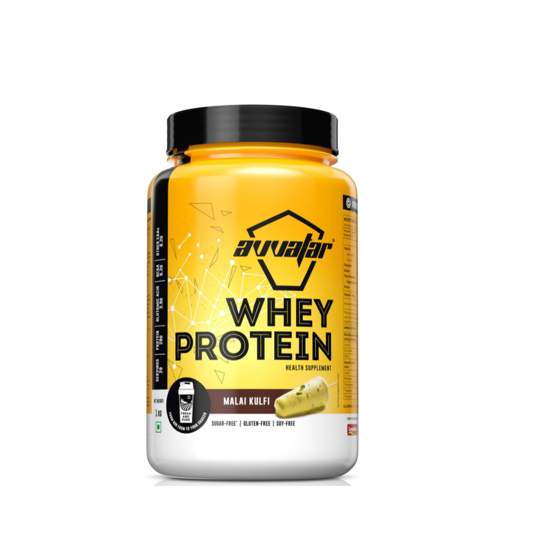 Avvatar Whey Protein container with yellow label on a white background | pure sure supps