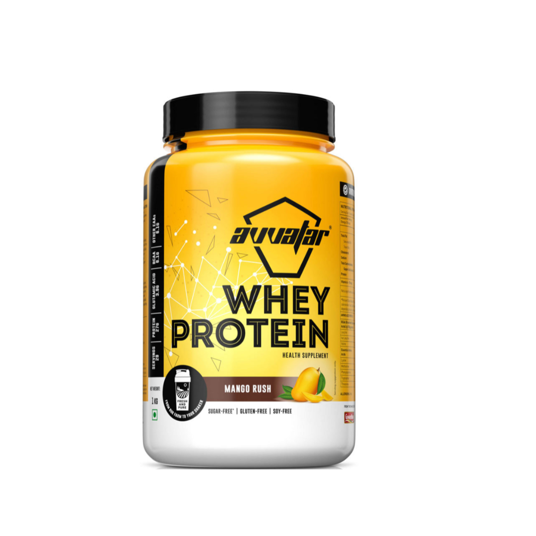 Yellow and black protein supplement container with 'Avvaar' branding on a white background