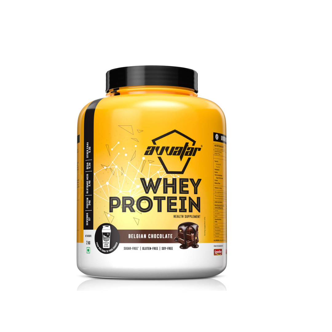 Yellow and black protein supplement container with brand logo on a white background