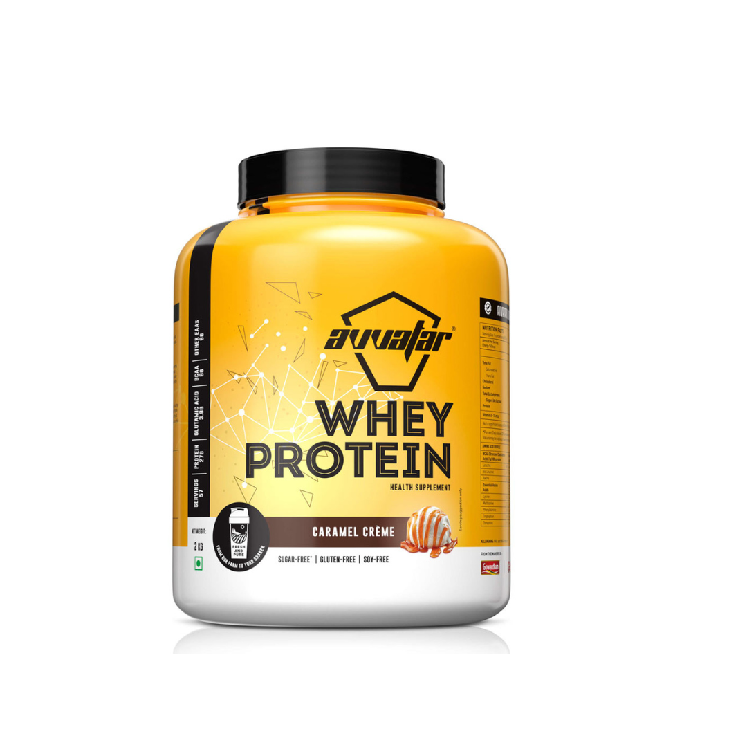 Yellow protein supplement container with black lid on a white background