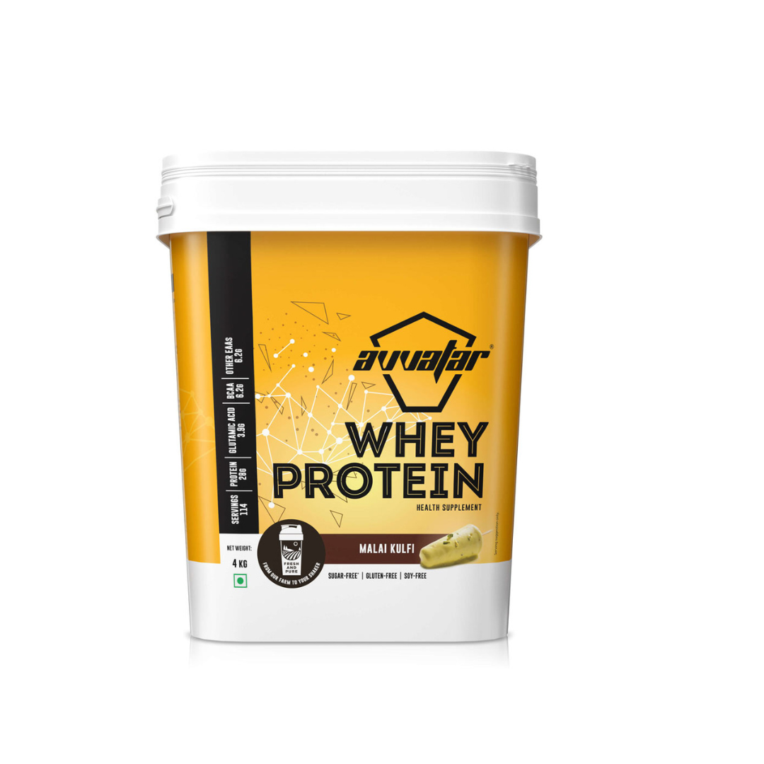 Avvatar Whey Protein container with yellow label on a white background | pure sure supps