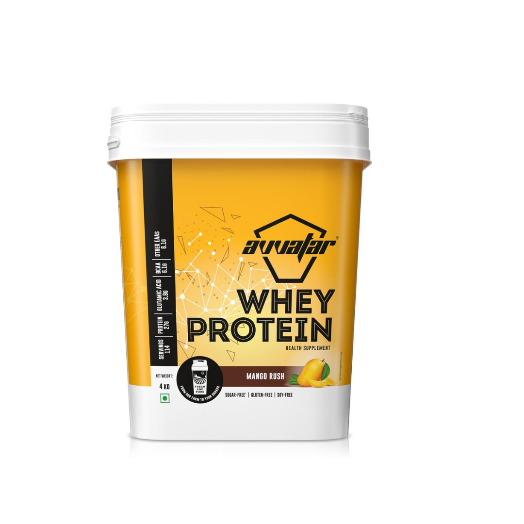 Avvaar whey protein container with yellow label on a white background
