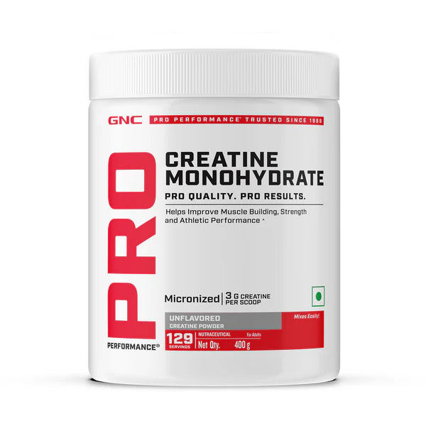 GNC Pro Performance Creatine Monohydrate powder container on a white background