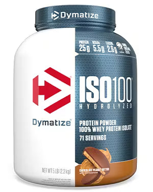 Dymatize ISO100 protein powder container on a white background