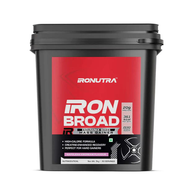 Black container of Ironutra Iron Broad Mass Gainer on a white background