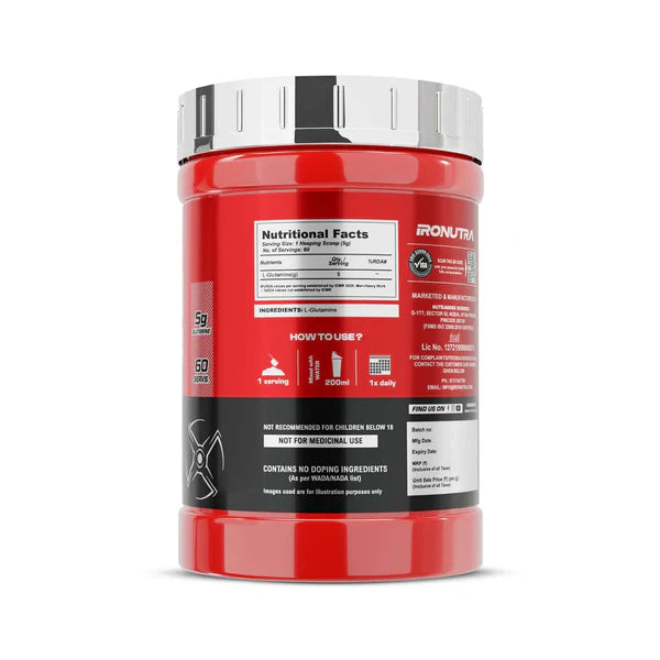 Red supplement container with white label on a white background