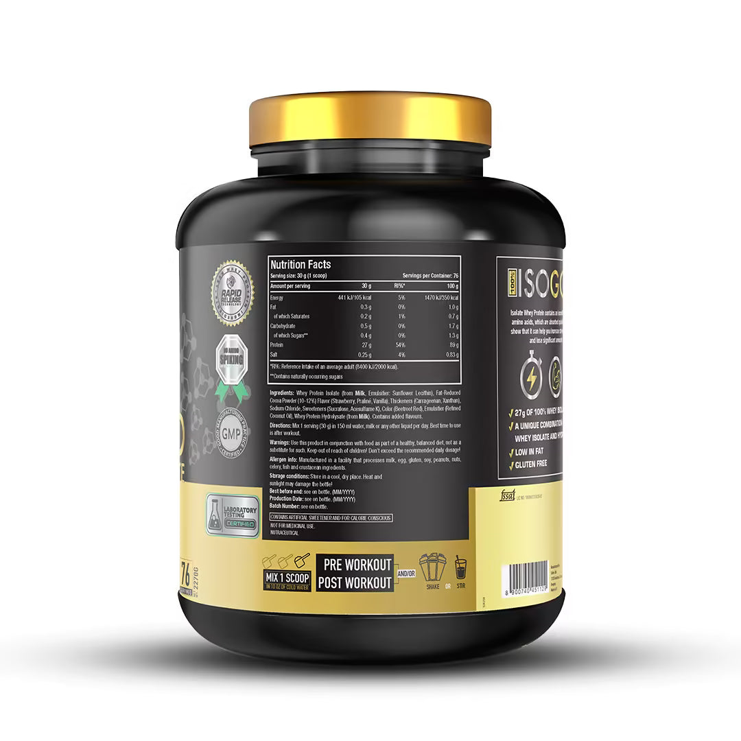 Black and gold supplement container with label on a white background