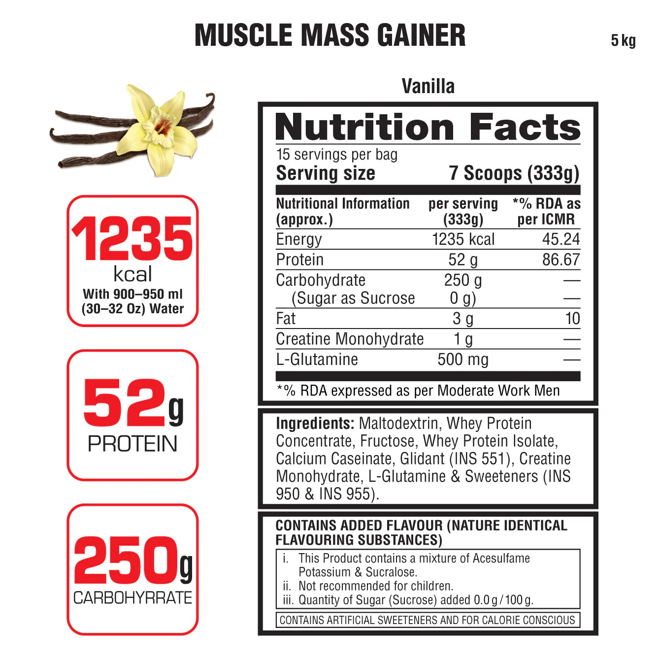 Nutrition facts label for a muscle mass gainer supplement with vanilla flavor.