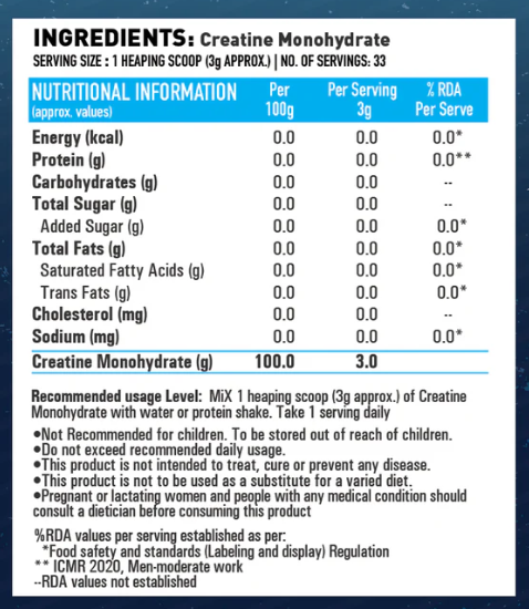 Nutritional information label for creatine monohydrate powder with blue and white background.