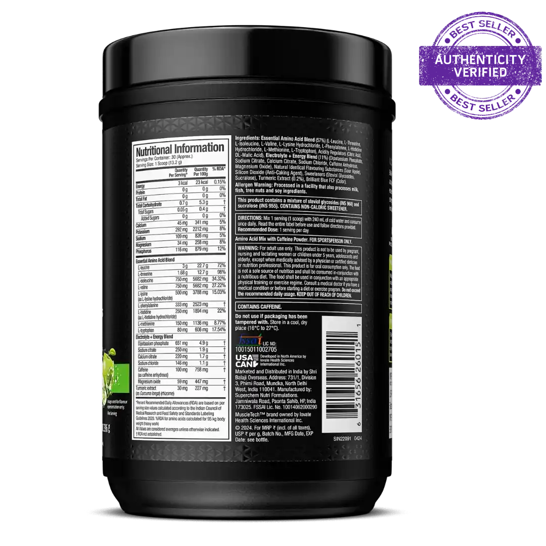 Black supplement container with nutritional information label on a white background