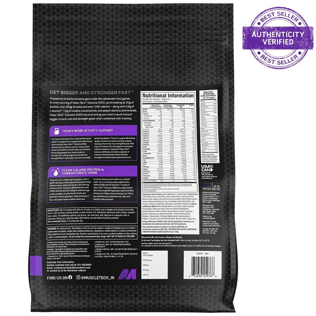 Black supplement package with purple accents and nutritional information on a white background