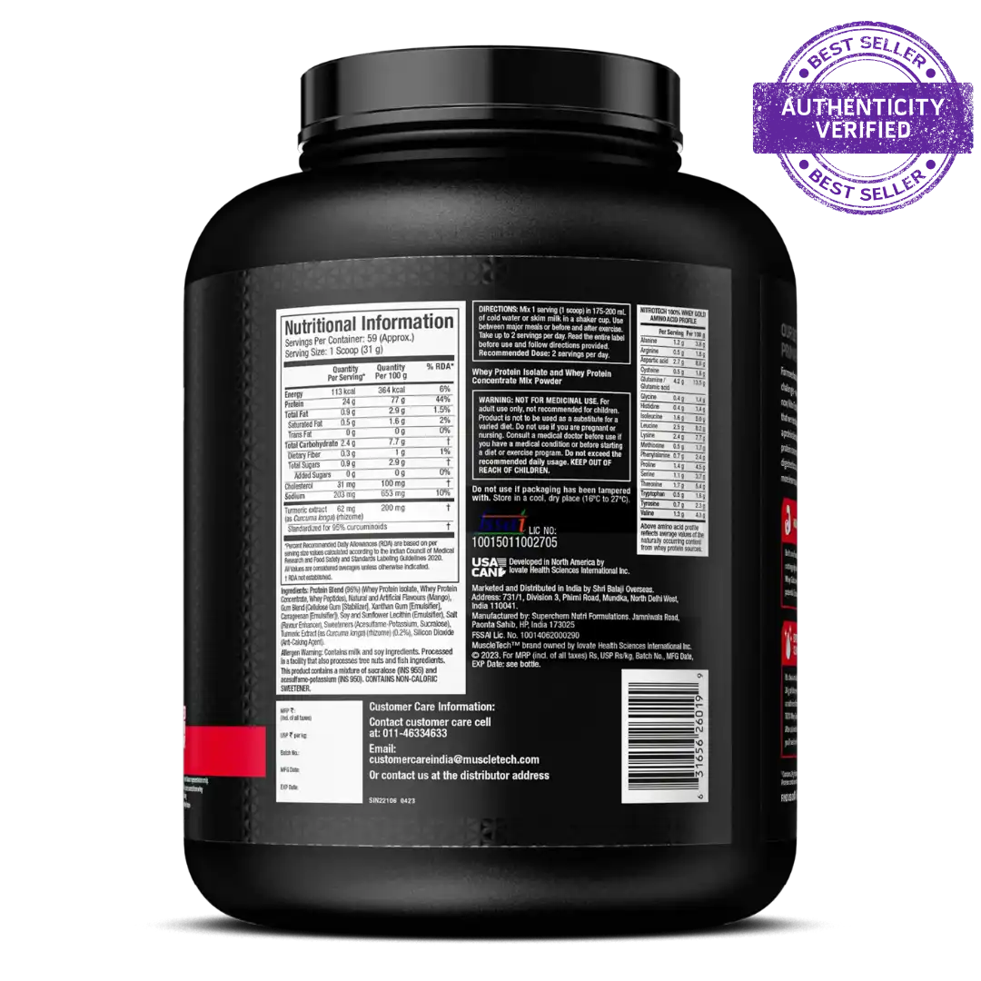 Black protein powder container with nutritional information label on a white background