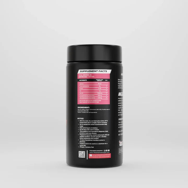 Black supplement container with pink and white label on a light gray background