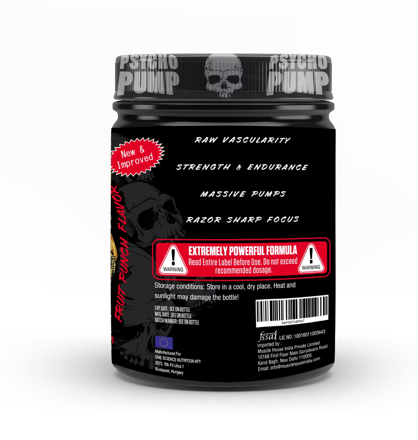 Supplement bottle labeled 'Psycho Pump' with black and white design and red warning label.