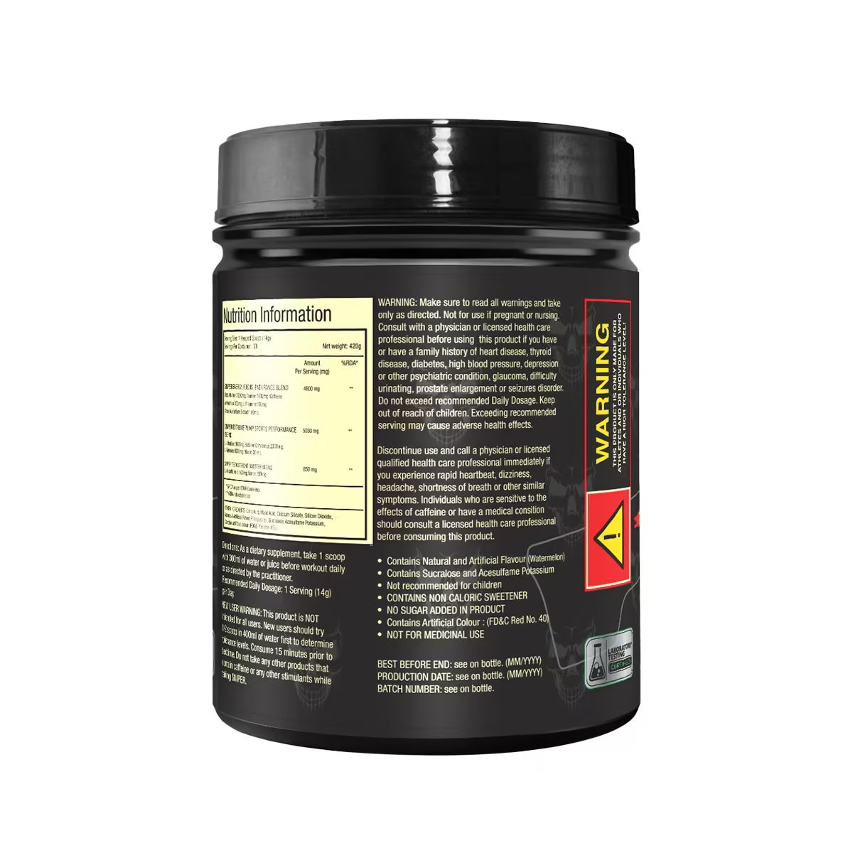 Black supplement container with nutritional information and warning labels on a white background