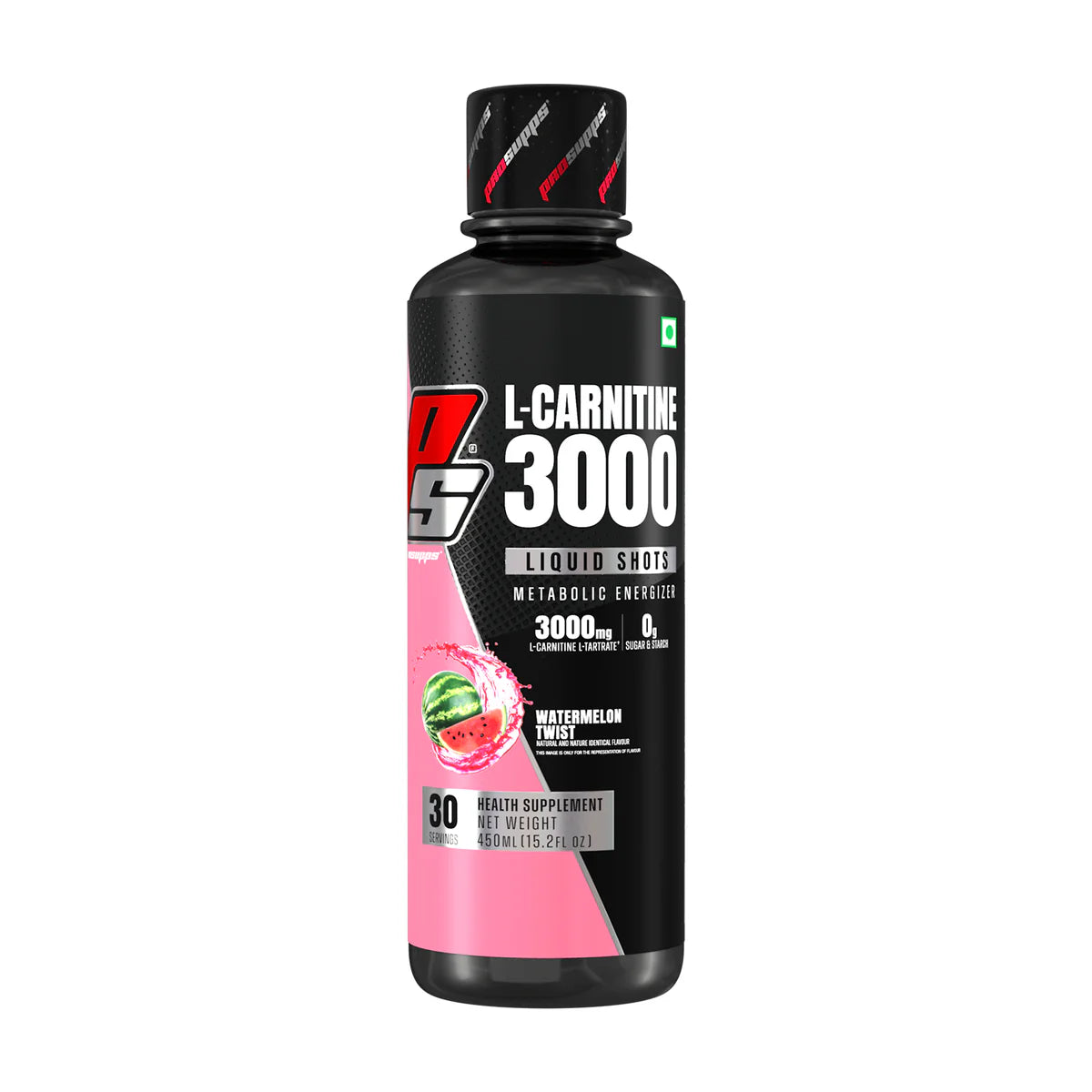 L-Carnitine 3000 supplement bottle with black and pink design on a white background