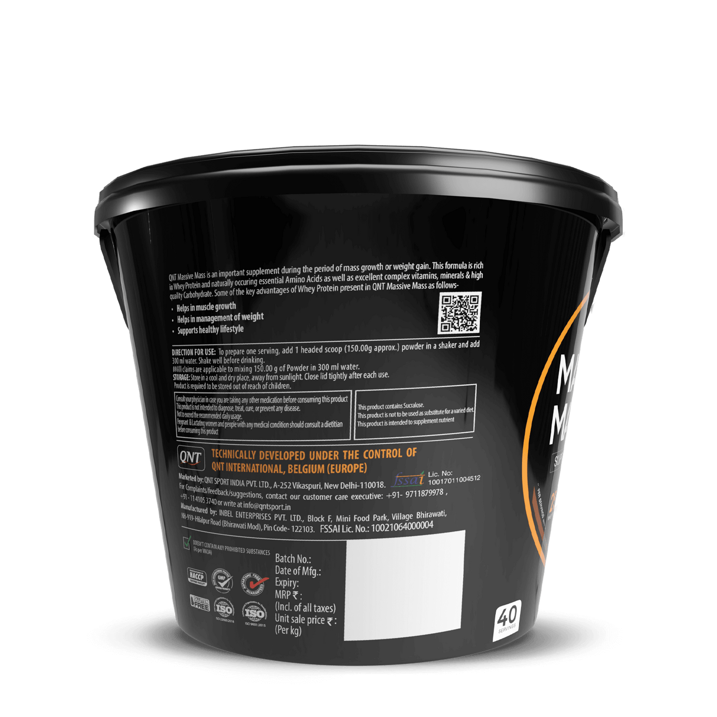 Back view of a supplement container with text and branding on a black background