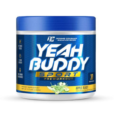 Preworkout supplement container labeled 'Yeah Buddy Sport' on a white background