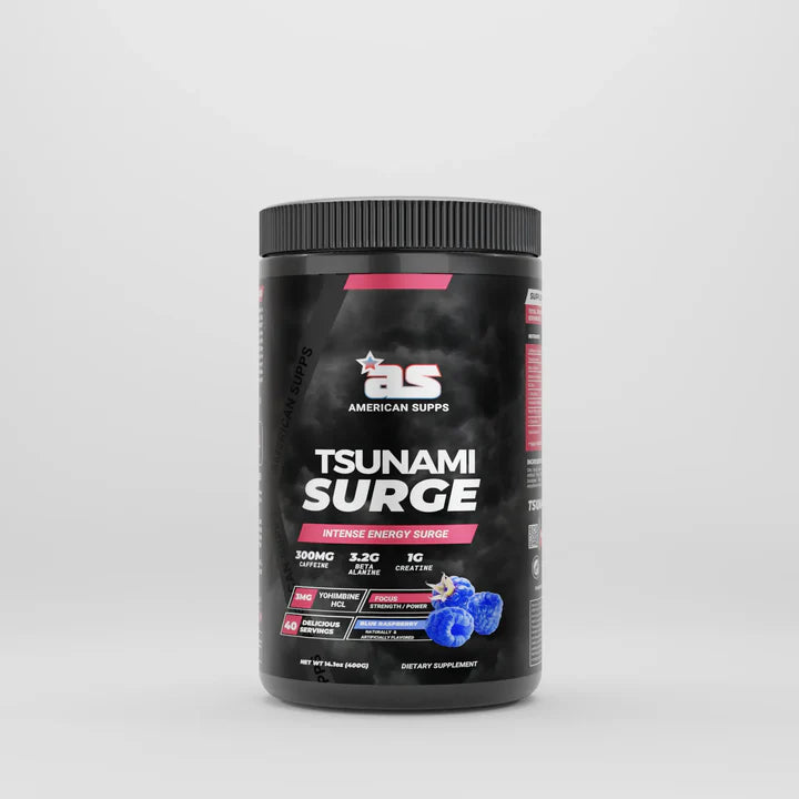 Supplement container labeled 'Tsunami Surge' by American Supps on a light gray background