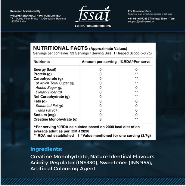 Nutritional facts label and ingredients list on a product packaging with FSSAI certification.