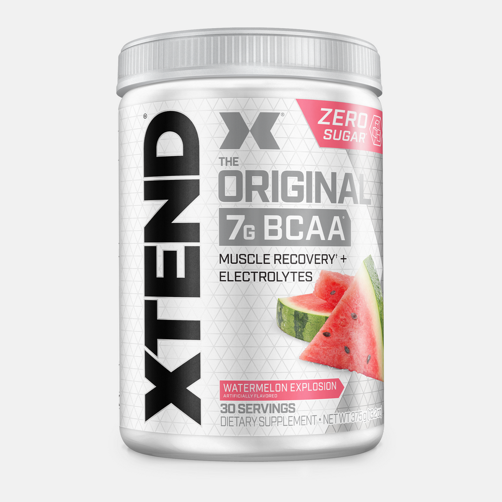 XTEND BCAA supplement container with watermelon flavor on a white background