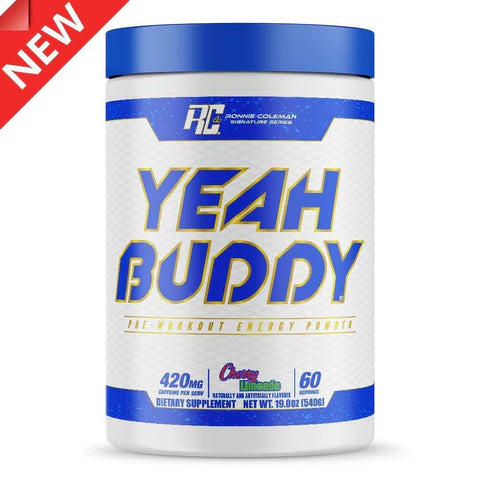 Supplement container labeled 'Yeah Buddy' with blue and white design on a white background