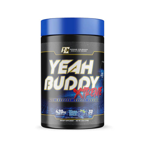 Supplement container labeled 'Yeah Buddy Xtreme' on a white background