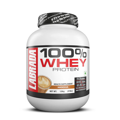 Labrada 100% Whey Protein container with mocha flavor on a white background