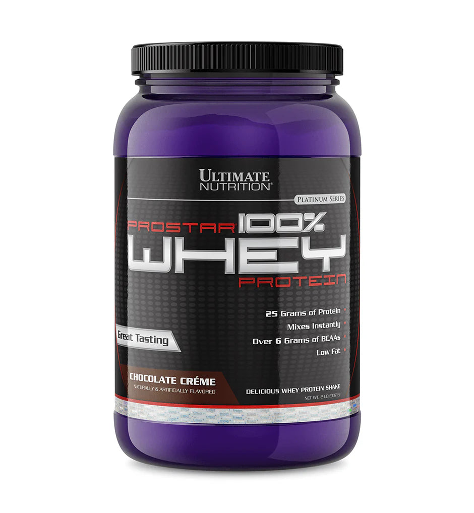 Purple protein supplement container with black label on a white background