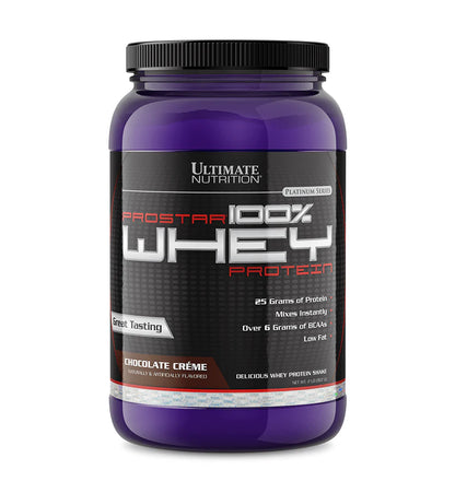 Purple protein supplement container with black label on a white background