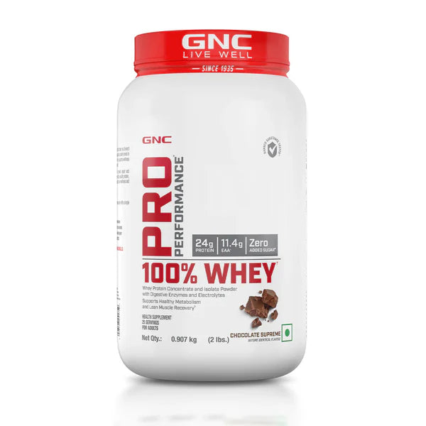 GNC Pro Performance 100% Whey protein powder container on a white background
